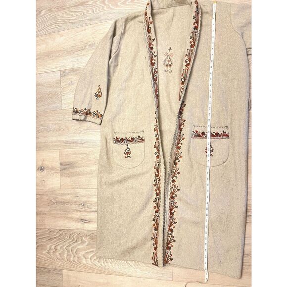 Vintage Embroidered Wool Duster Coat Beige Boho Folk Art Longline Handmade - Picture 12 of 14